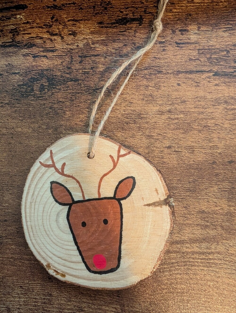 Hand Crafted Christmas Ornament Rudolph Reindeer Wood Slice Hand Painted